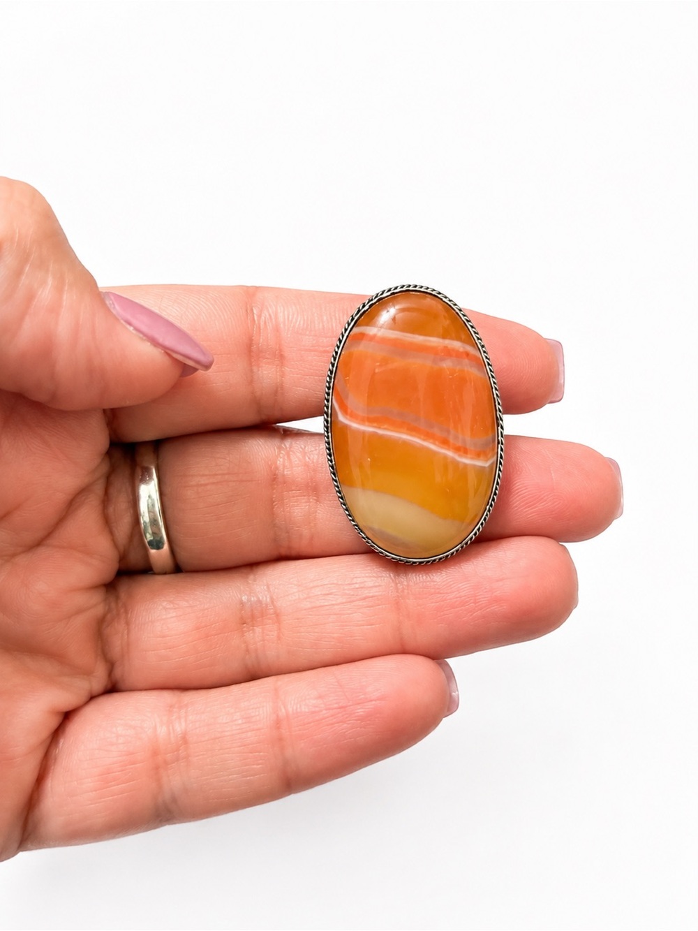 Handmade Orange Agate Oval Statement Ring - Unbranded